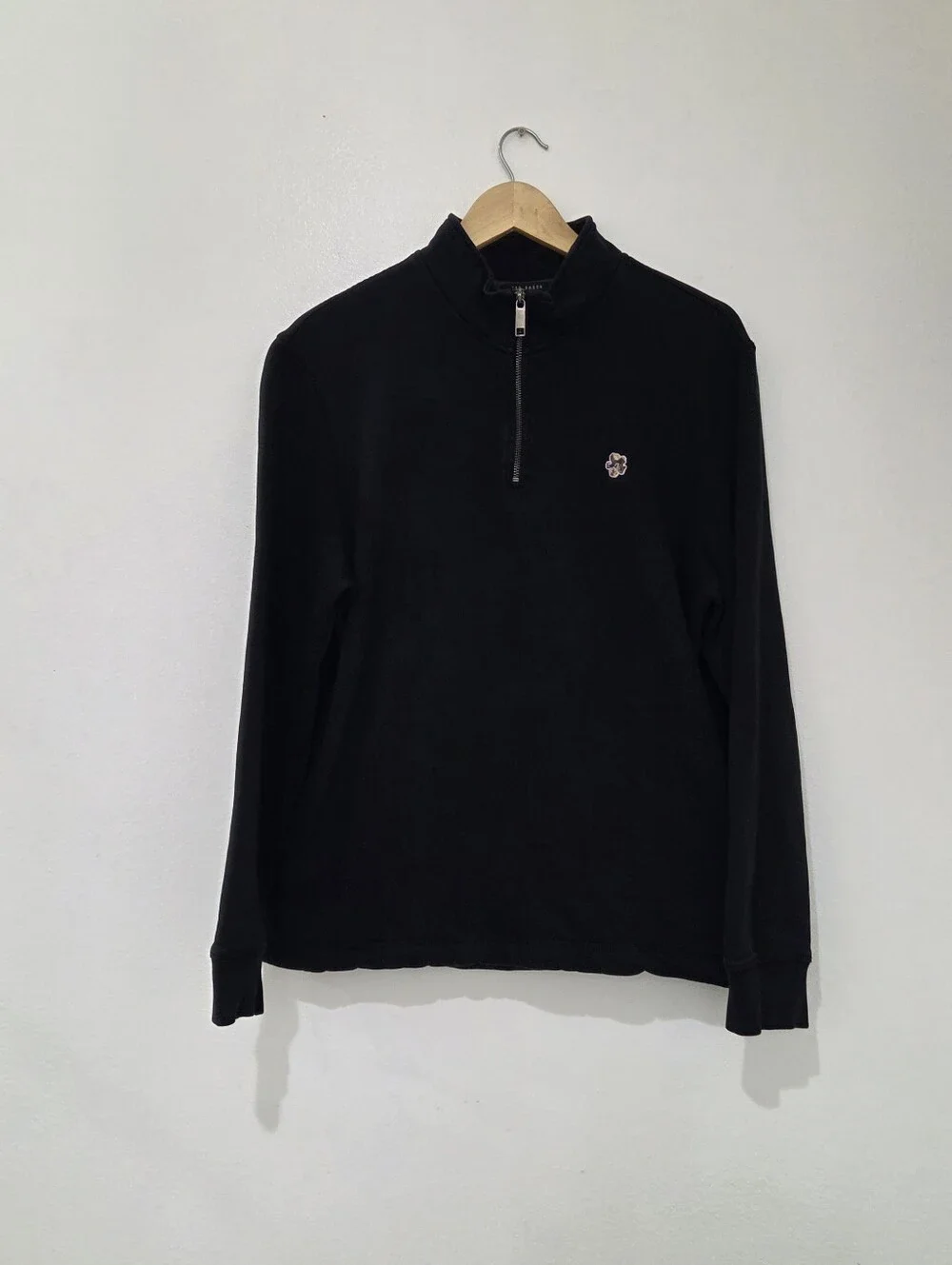 Ted Baker London Mens Black Kilburn Cotton Half Zip Embroidered Flower Sweater